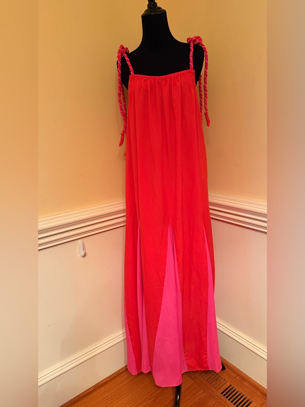Entro Split Decision Maxi Dress Red Pink Colorblock Braided Strap Size Large‎